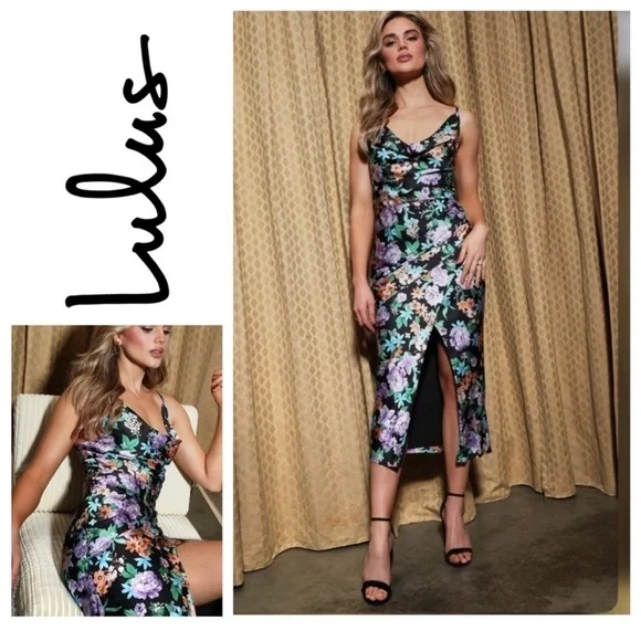 Lulu's Black Floral Midi Dress with Purple & Green Accents - Picture 1 of 14